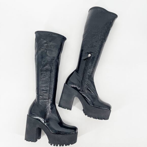 Miu Miu Black Naplak Leather Platform Knee-High Boots IT 36.5 Chunky Lug Sole - Picture 4 of 13